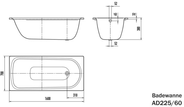 Badewanne Stahl Florida 160x70 Massskizze Einbaubadewanne