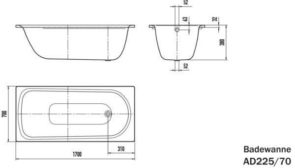 Massskizze Badewanne Stahl Florida 170x75 Einbaubadewanne