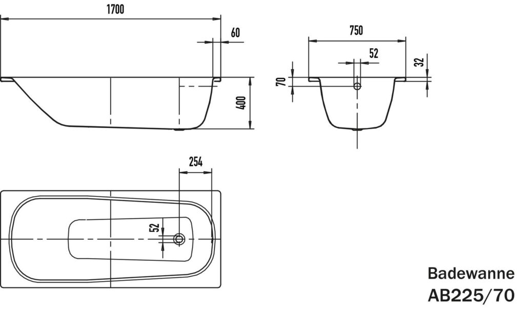 Badewanne Stahl Florida 170x70 Massskizze Einbaubadewanne