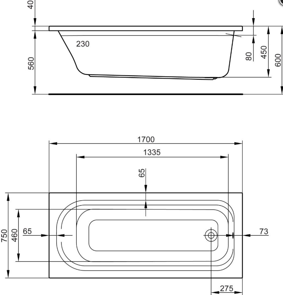 Badewanne Acryl Florida Badewanne 170x75 Massskizze Einbaubadewanne