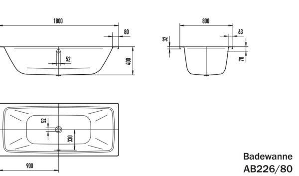 Massskizze Duo Badewanne Stahl Florida 180x80 Einbaubadewanne