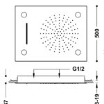 Masskizze Kopfbrause Deckeneinbau TRES Dusche 50x65 Edelstahl