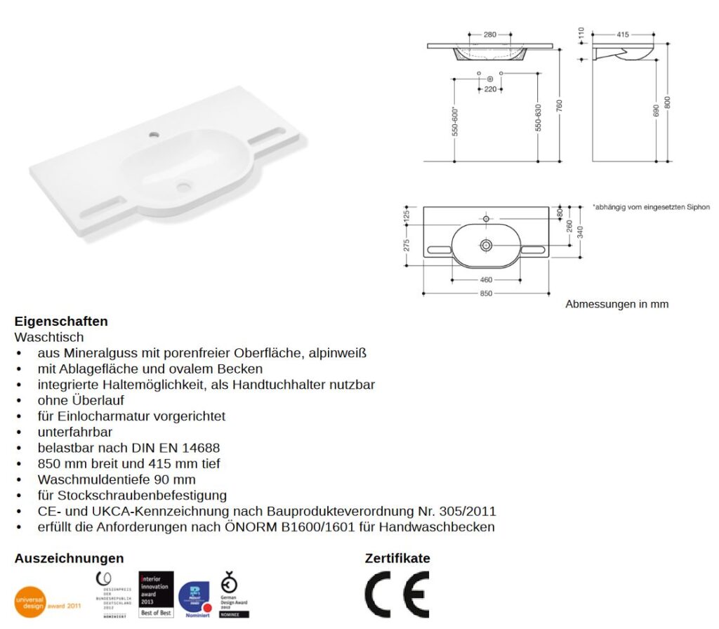 Barrierefrei HEWI Waschtisch Behindertengerecht 85x41.5
