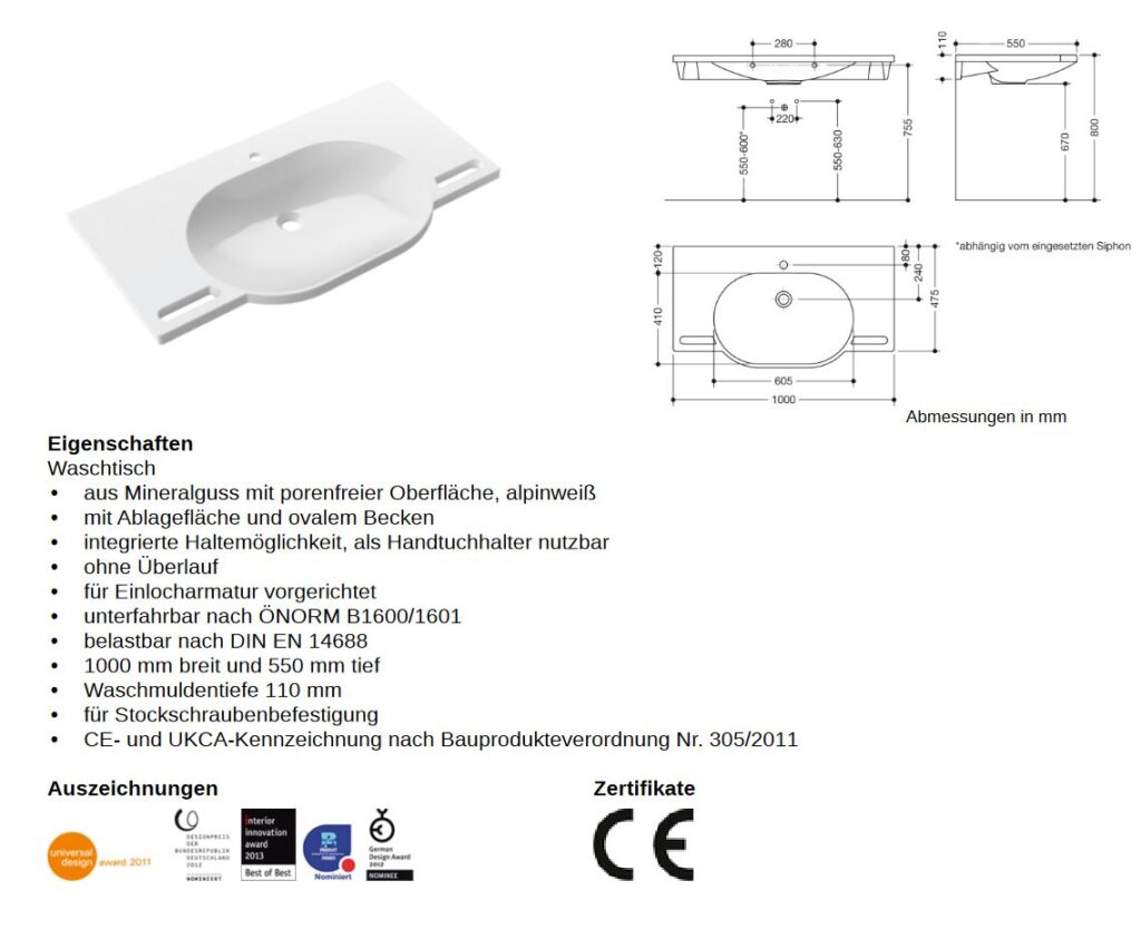 Barrierefrei HEWI Waschtisch Behindertengerecht100x55