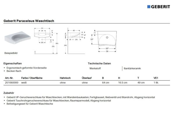 Barrierefrei Geberit Waschtisch B=64x49