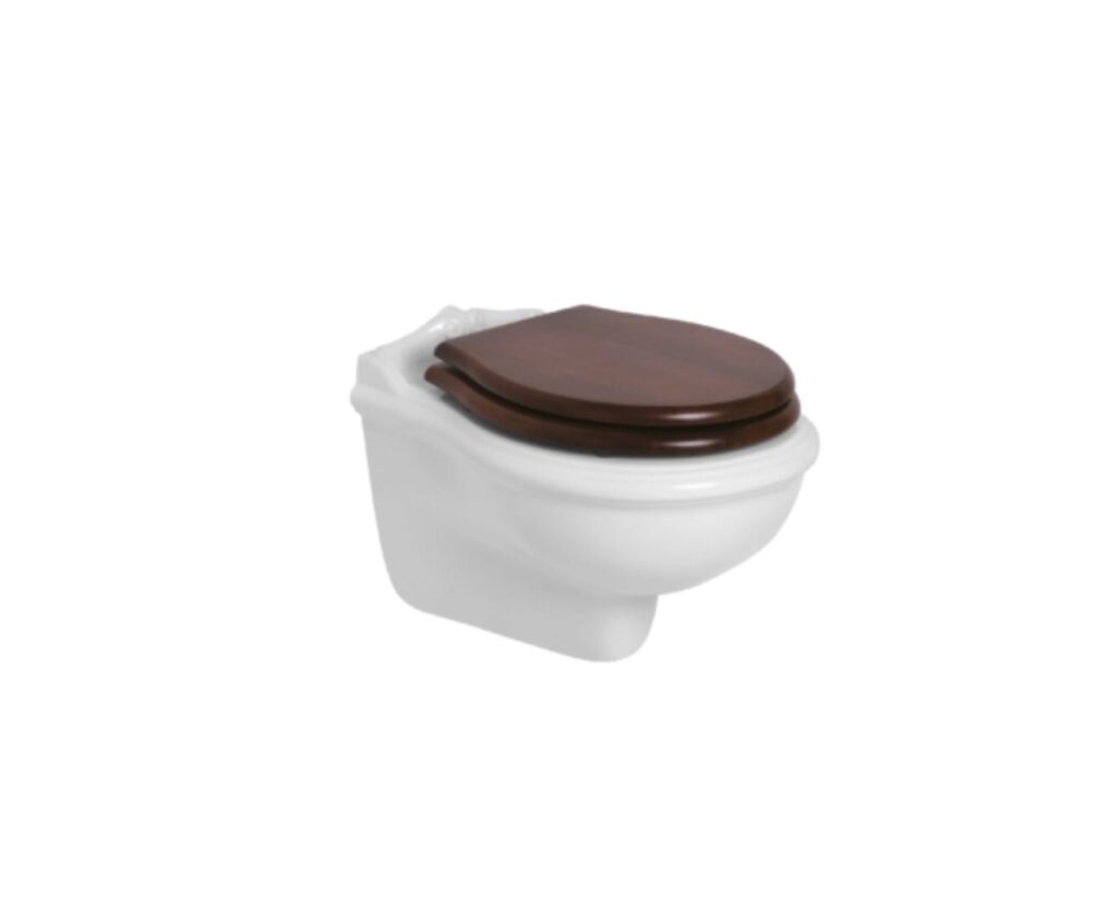 WC Wand Azzurra JUBILAEUM verdeckte Befestigung weiss glanz, WC-Deckel Nussbaum mit Absenkautomatik Retro Nostalgisch