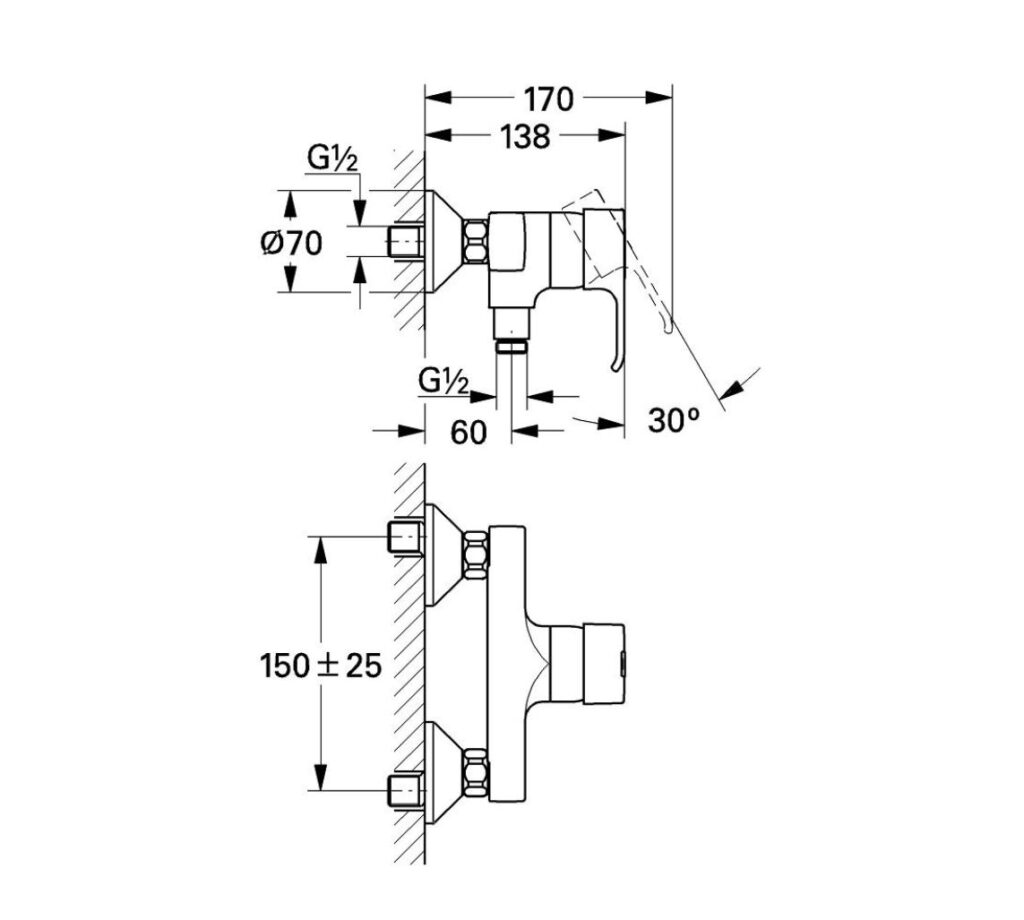 Lineare 3358600 massskizze Duschmischer Grohe