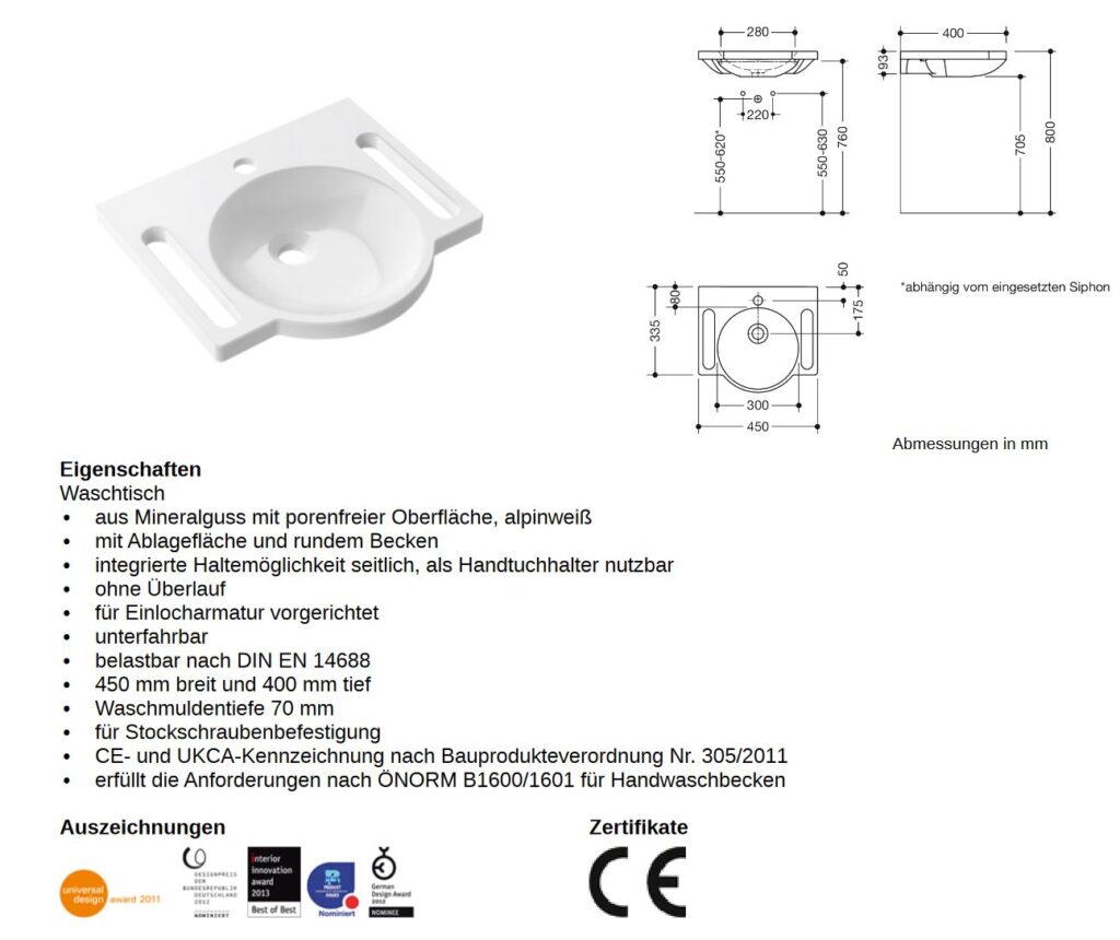 Barrierefrei HEWI Waschtisch Behindertengerecht 45x40