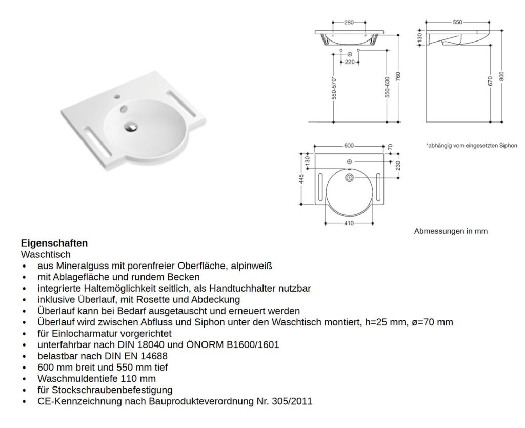 Barrierefrei HEWI Waschtisch Behindertengerecht 60x55