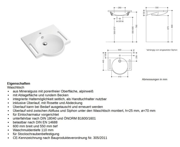 Barrierefrei HEWI Waschtisch barrierefrei 60x55 – Bild 2