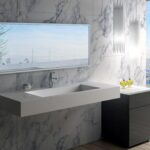 Waschtisch Mineralguss wandhängend B= 120 cm Ablauf mittig Weiss matt