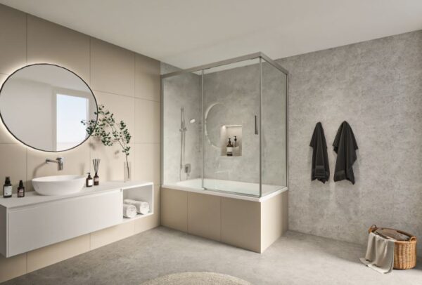 S500Plus Schiebetüre 2-teilig auf Badewanne, 1 Festelement rechts oder links, 1 bewegliches Element