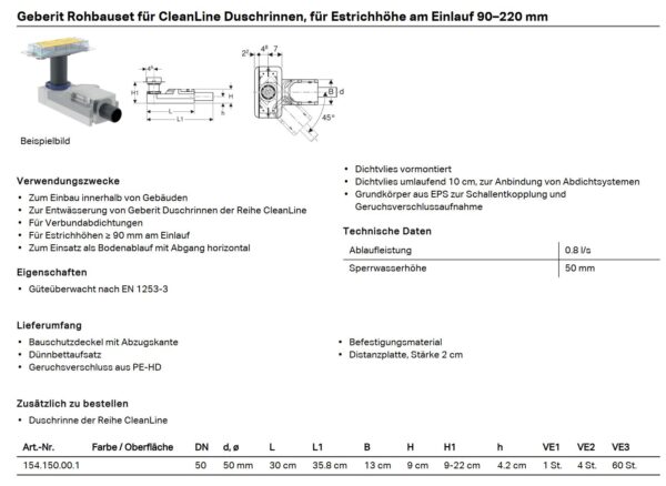 Rinnen Geberit CleanLine Rohbauset – Bild 2