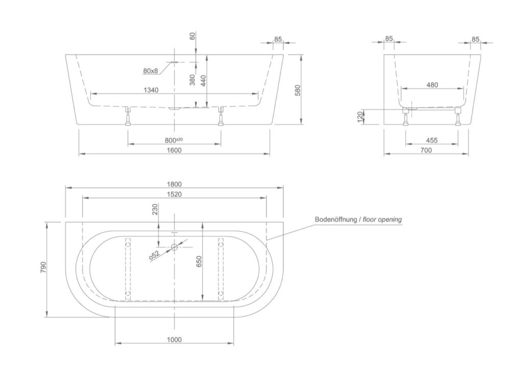 Massskizze Badewanne Anbau Knief Badewanne "WALL" 180x80