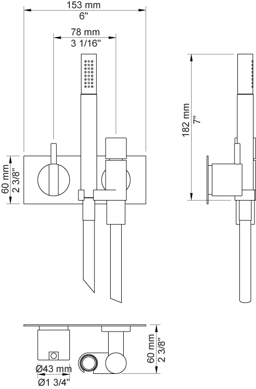 Massskizze Mischer für Dusche ein Griff Unterputzmontage Vola