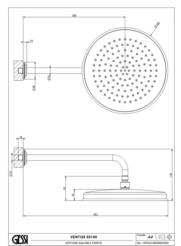 65149 Massskizze Kopfbrause Gessi Venti20